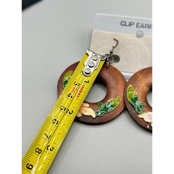 Vintage Statement Earrings Wood Rings w Cloisonne Flowers Sterling Silver Hooks - Picture 5 of 6